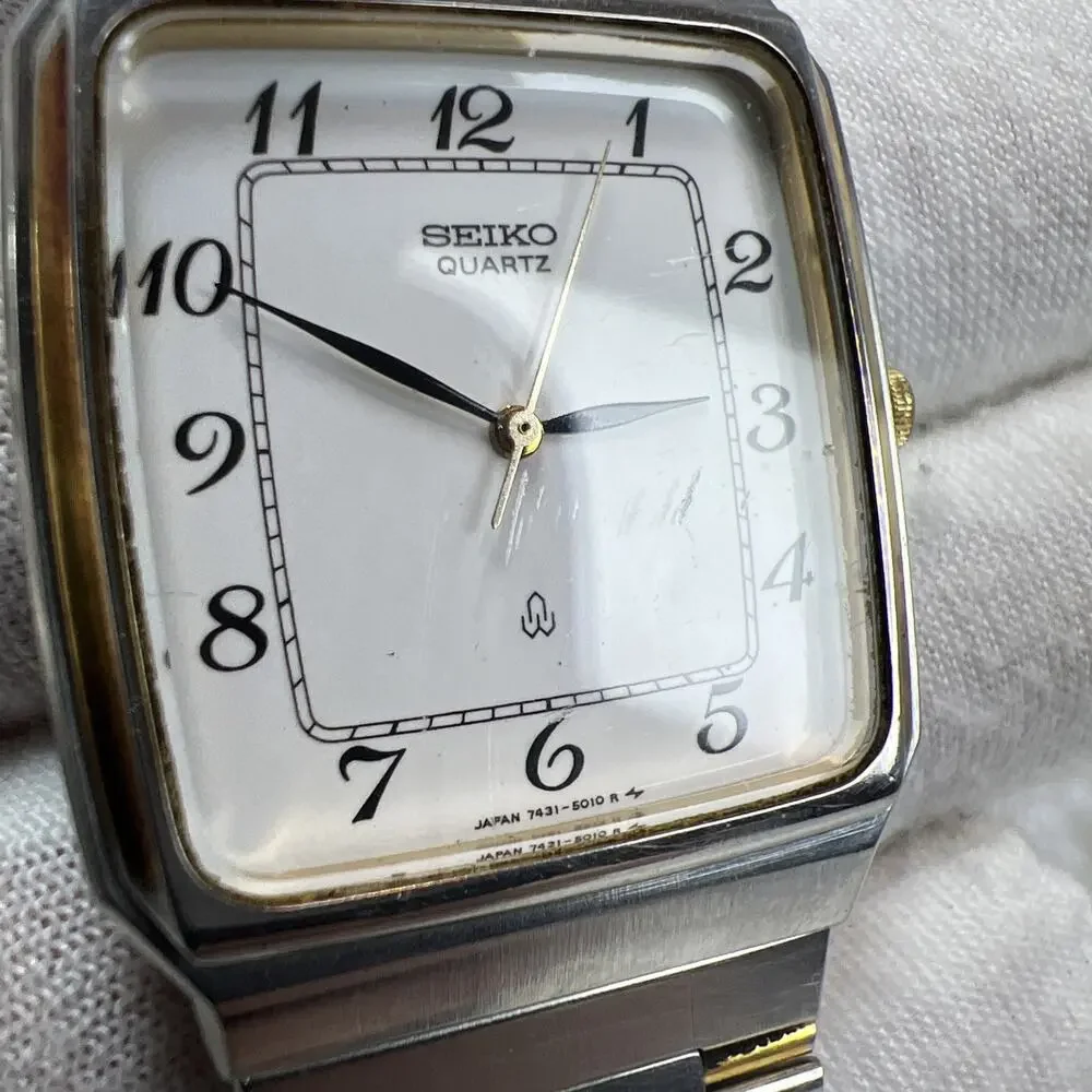 Vintage Seiko Men's Tank Watch 7431-5010 Two Tone Band 2 Jewels TESTED - READ